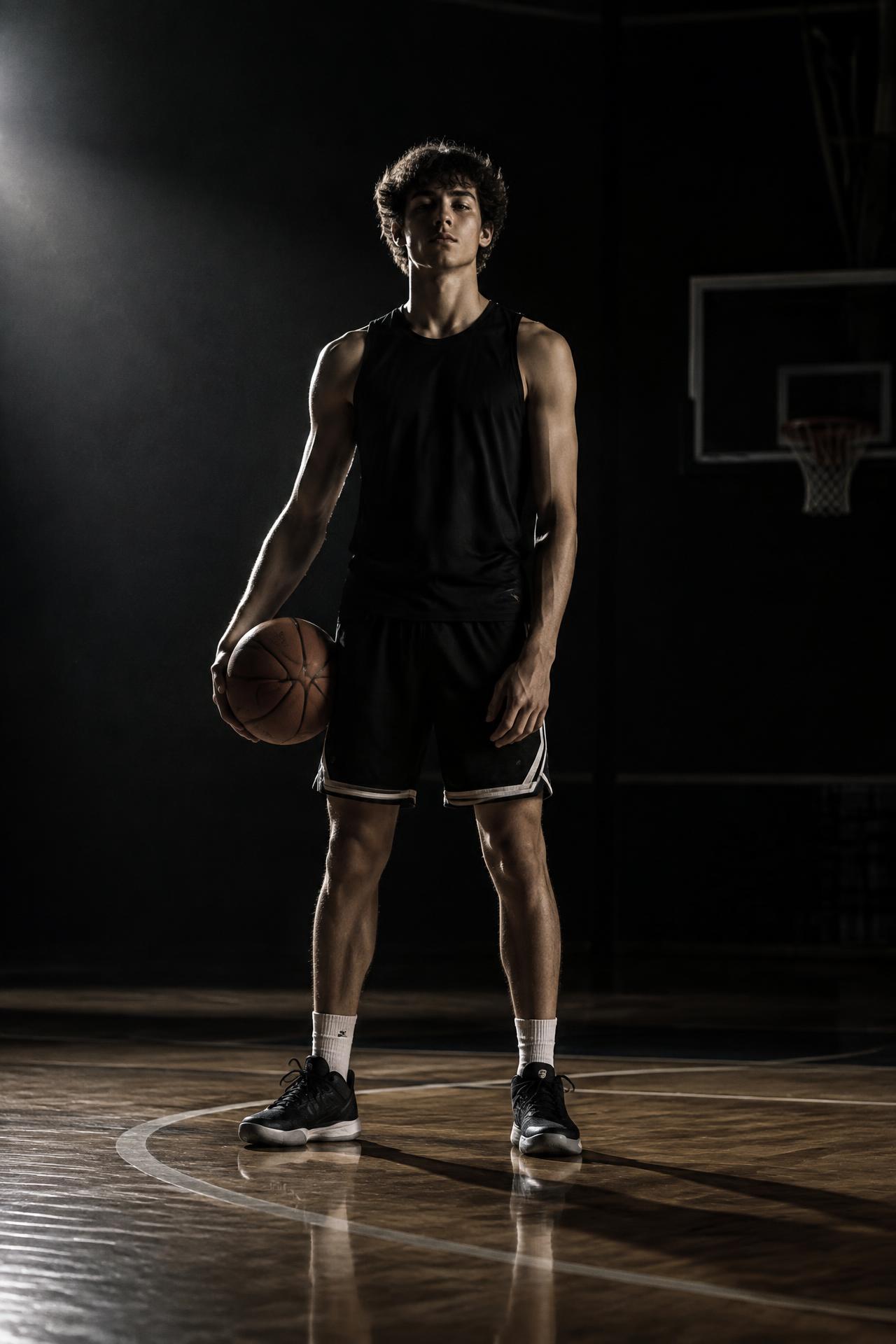 Basketball player on a dark court