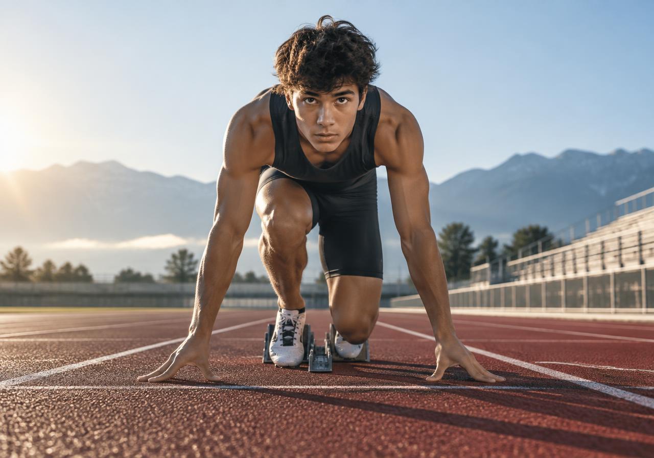 Track sprinter at the starting blocks